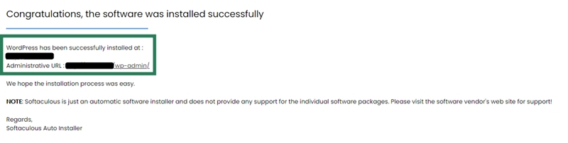 Installation Completed - How to install WordPress using Softaculous