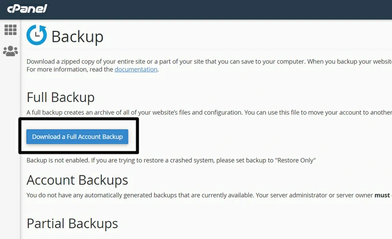 How to create a full cPanel backup